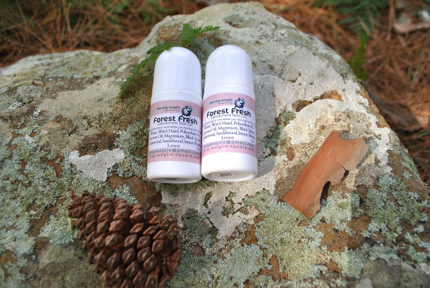 Two 'Forest Fresh' products on a textured rock surface with a pine cone.