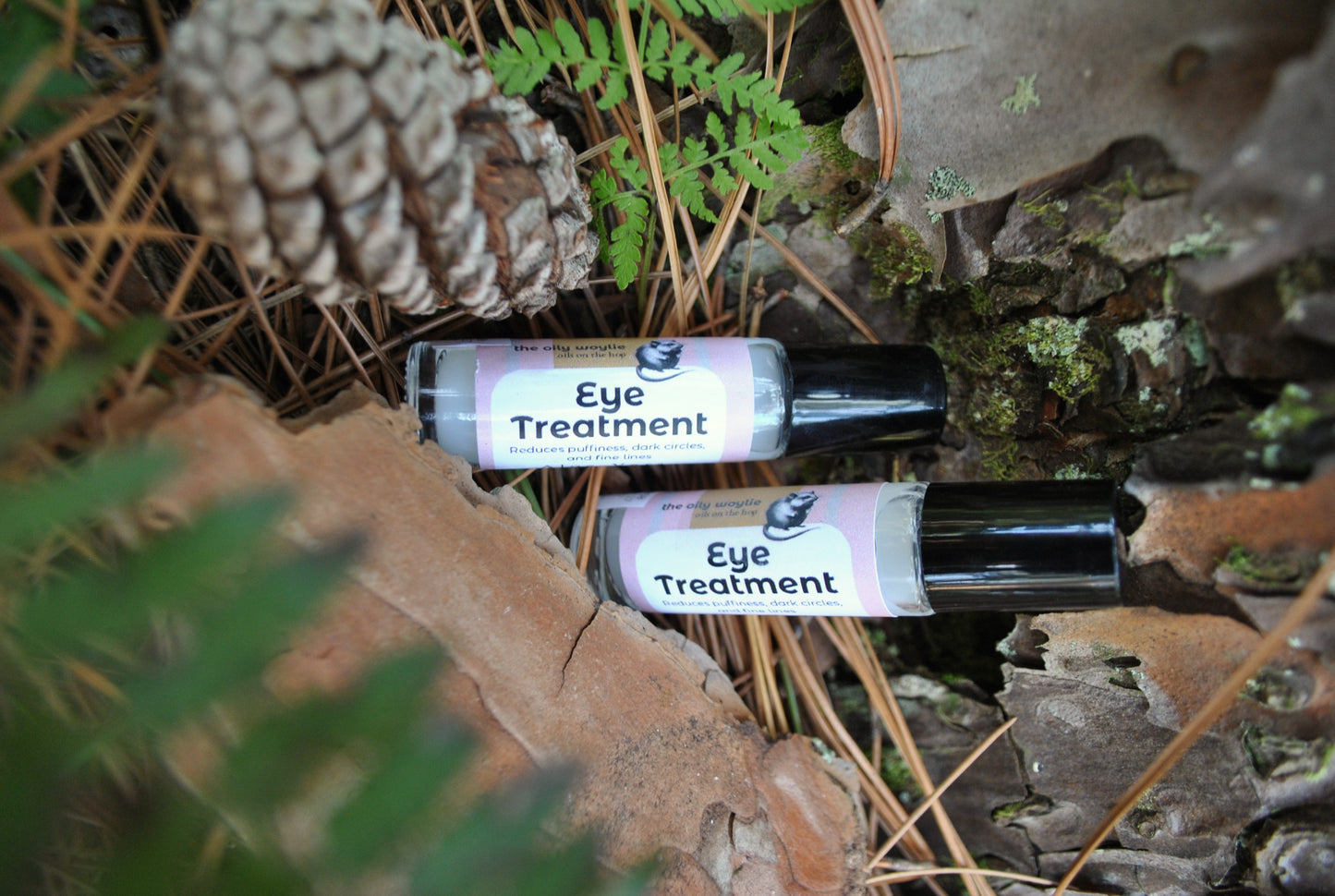 Two eye treatment bottles labeled 'Eye Treatment' on a natural background with rocks and plants.