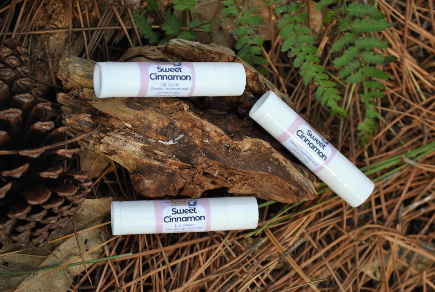 Three lip balm sticks labeled 'Sweet Cinnamon' on a natural background with pine cones and leaves.