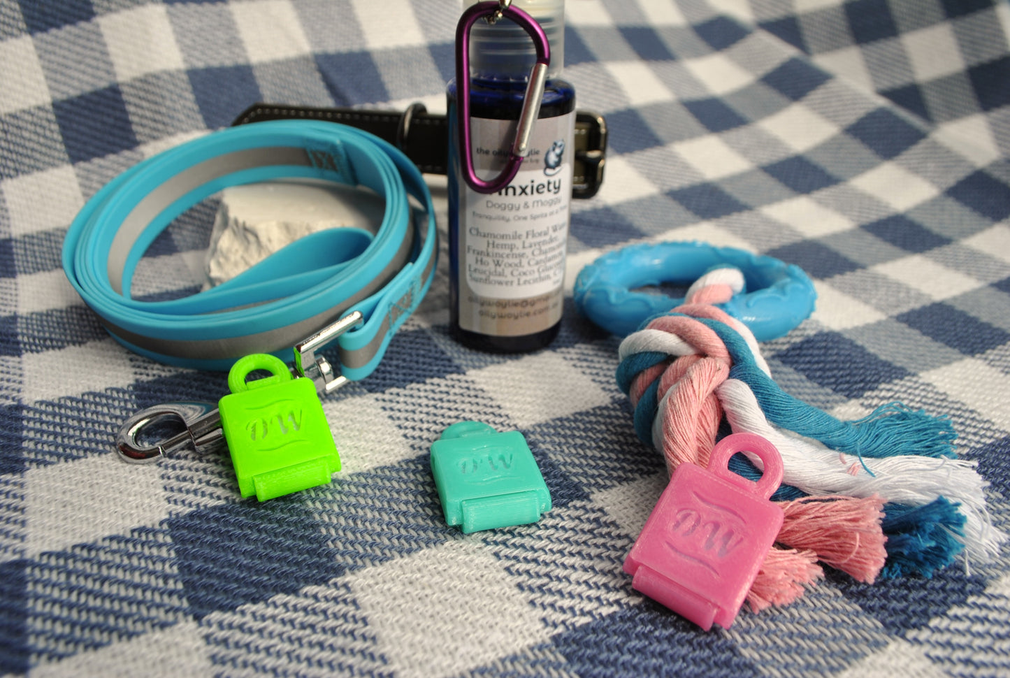 Dog training equipment including a leash, clicker, and treats on a checkered blanket.