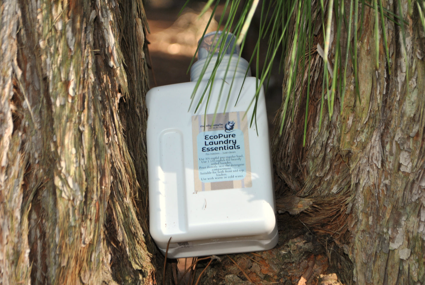 EcoPure product packaging in a natural setting with tree bark and leaves.