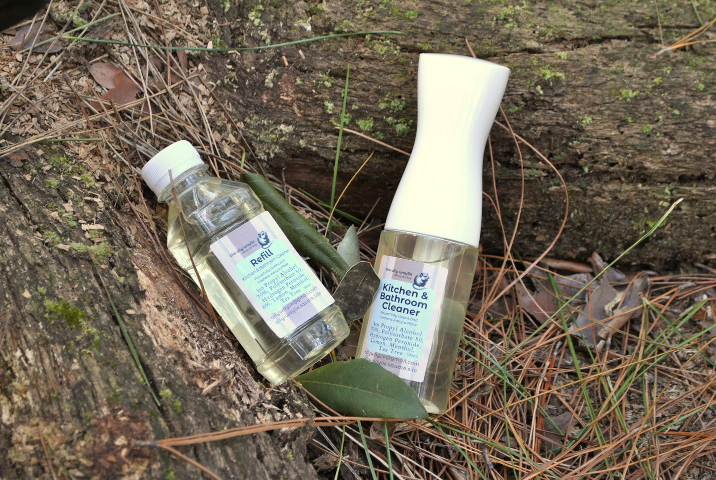 Two bottles of cleaning products on a wooden surface with leaves.