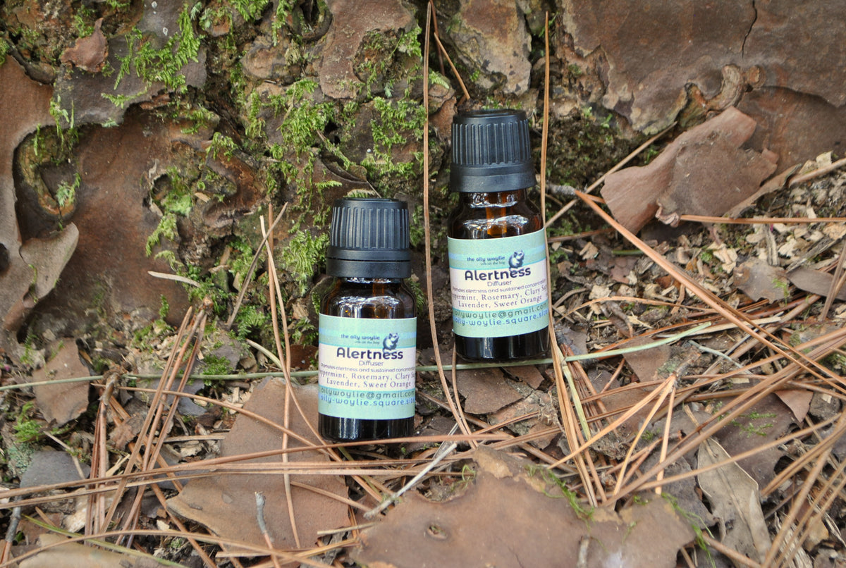 Alert Diffuser Blend essential oil bottle, natural uplifting blend to improve focus and energy on a natural background with moss and leaves.