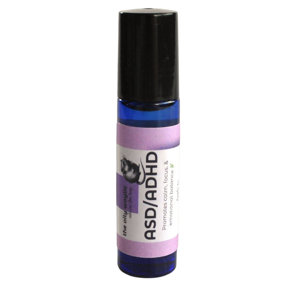 Roll-on bottle with purple and black design on a white background Roll-On ASD/ADHD