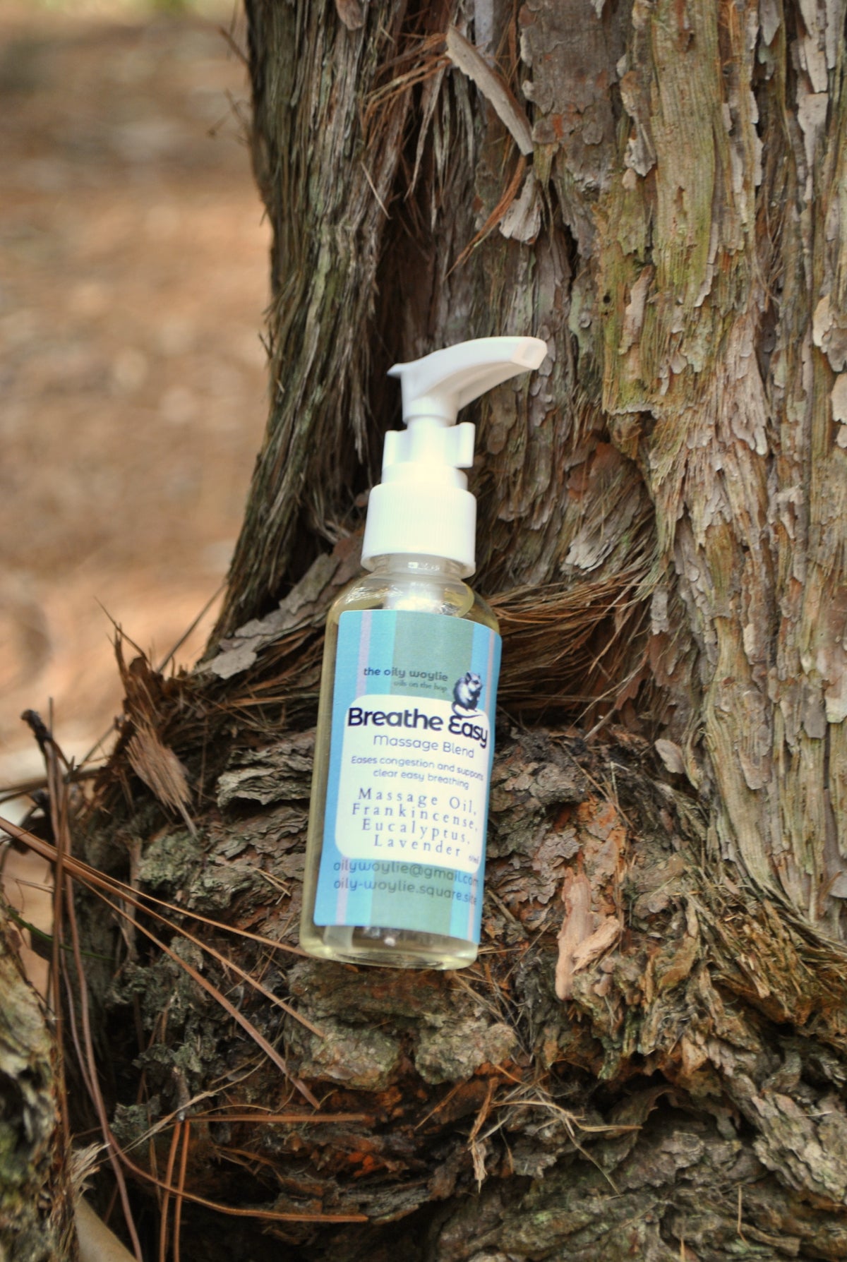 Breathe Easy Massage Blend essential oil bottle, natural massage oil to support clear breathing leaning against a tree trunk.