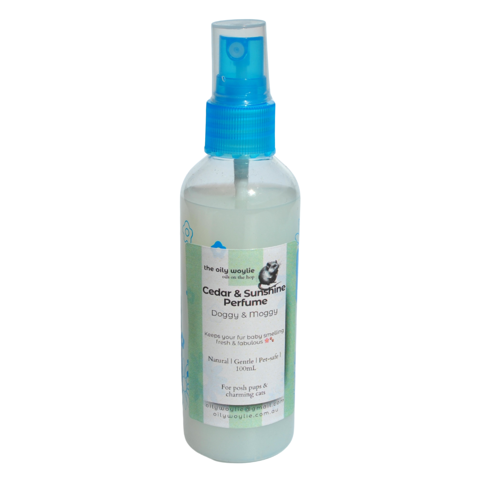 Dog perfume with cedarwood and citrus notes for a bright, clean scent.