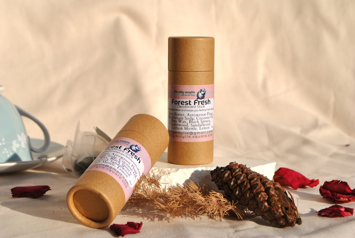 Deodorant Stick Forest Fresh, natural solid deodorant with fresh scent on a neutral background with dried leaves and pinecones.