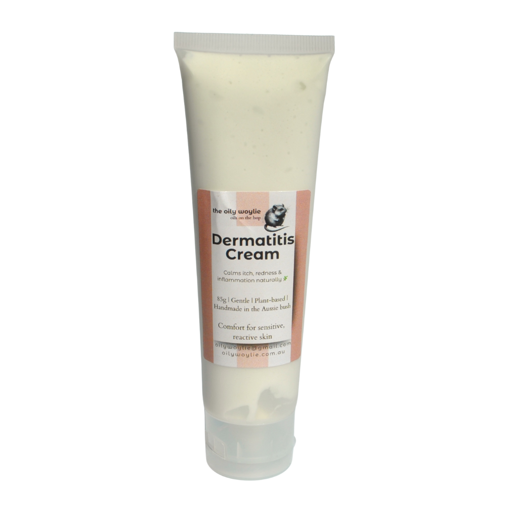 Dermatitis cream tube on a white background for soothing red, dry, inflamed skin. Natural eczema and dermatitis relief cream