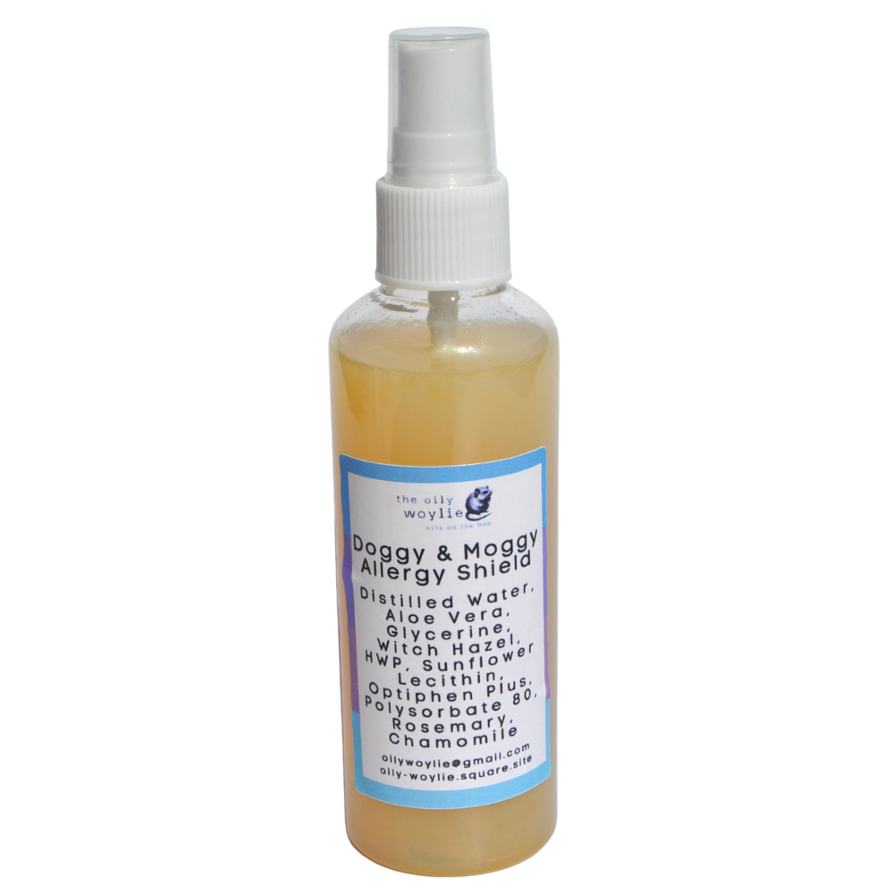 Natural allergy spray applied to pet’s coat to help reduce allergens for humans.