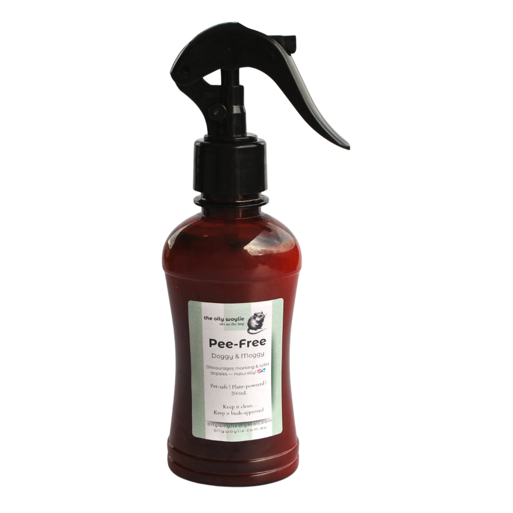 Pet training spray to deter dogs and cats from urinating in unwanted areas.