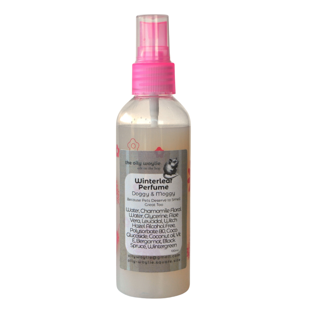 Dog perfume spray with a fresh, woodsy winter scent.