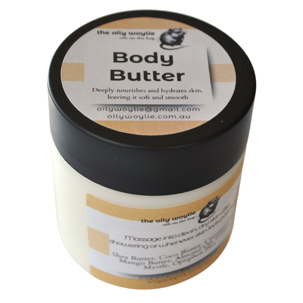 Jar of lemon myrtle body butter with a fresh, uplifting aroma.