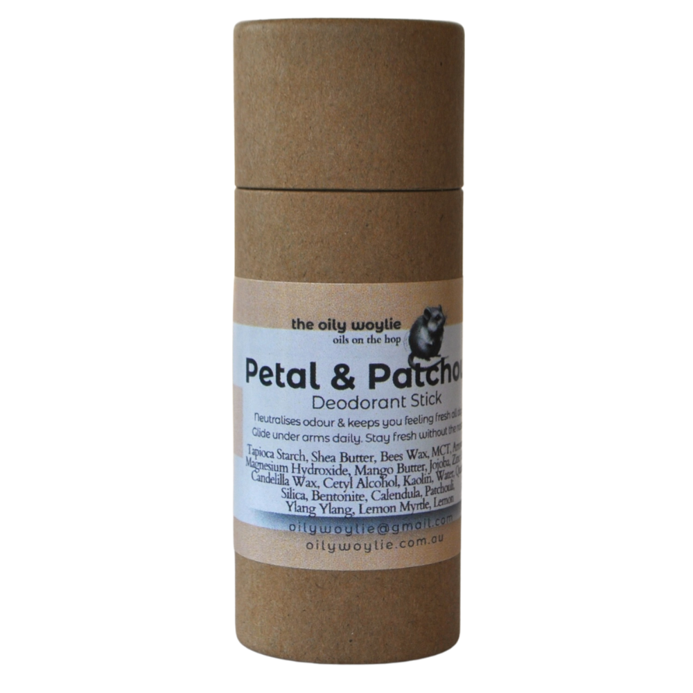 Natural deodorant with floral and earthy patchouli notes.