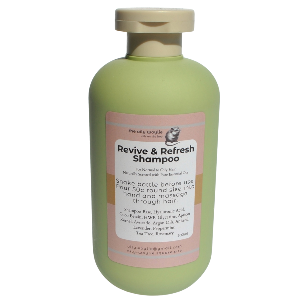 Bottle of refreshing shampoo for cleansing and revitalising hair.