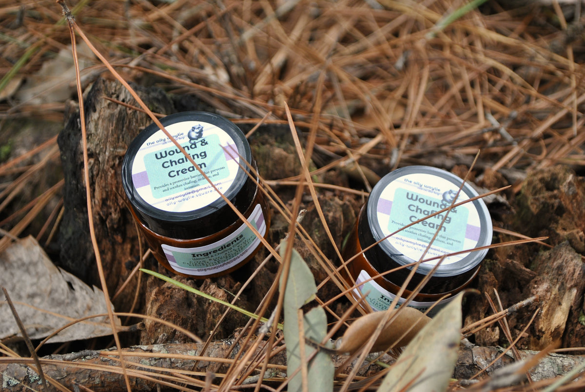 Wound & Chafing Cream jar, natural cream to soothe skin irritation and chafing on a natural background with leaves and twigs.