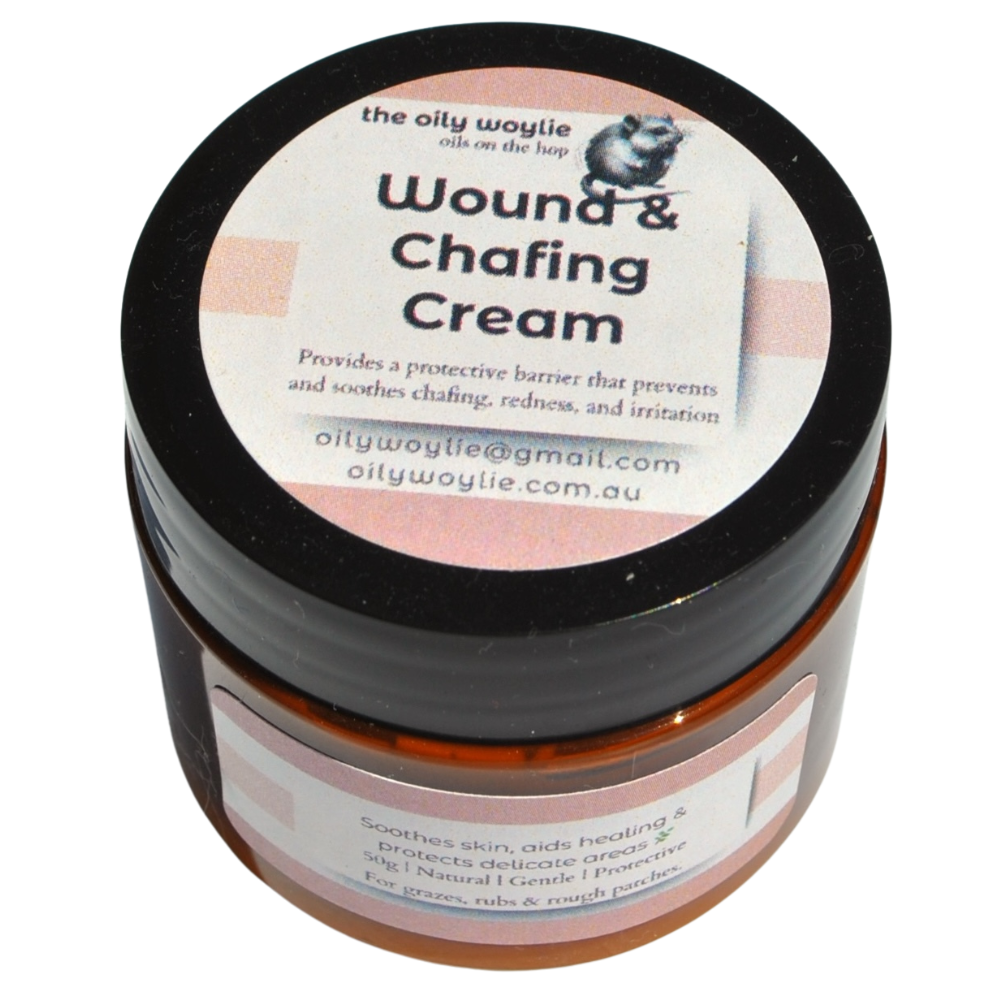 Jar of Wound & Chafing Cream with a black lid on a white background. Healing wound and chafing cream to soothe irritated or broken skin.