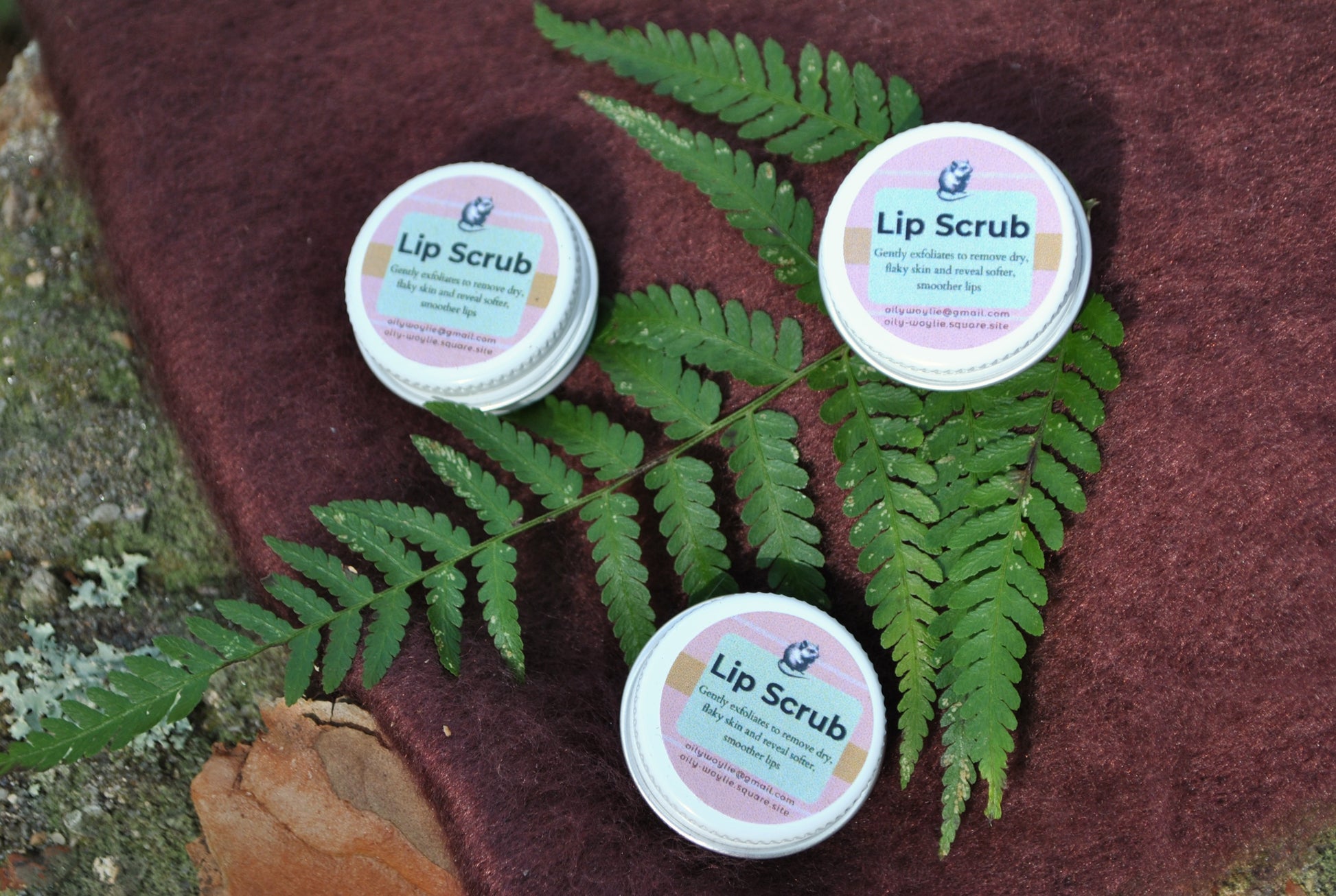 Three containers of lip scrub with green leaves on a textured surface