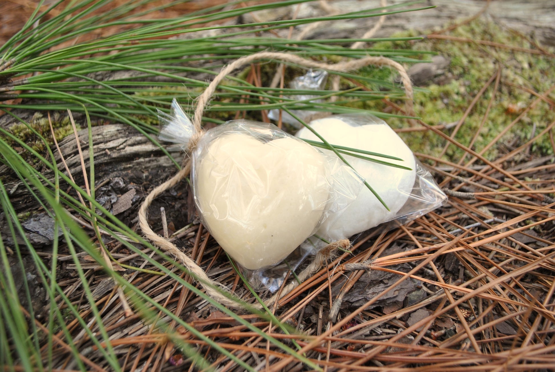 two bath melts surrounded by pine needles