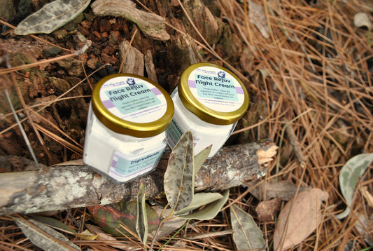 Two jars of Face Relief Night Cream on a natural background with leaves and twigs.