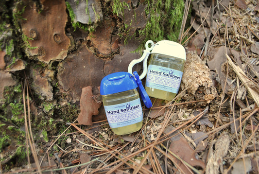 Two bottles of hand sanitizer on a forest floor with leaves and moss.
