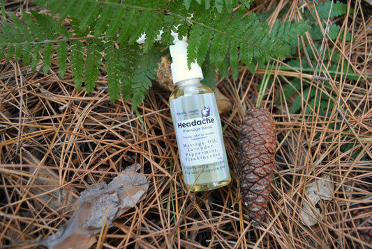 Bottle of headache spray on a leafy and pine cone background