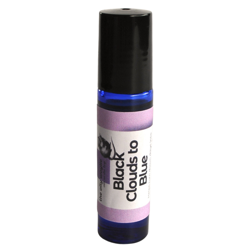 Roll-on bottle with black cap and white label on a white background Black Clouds to Blue