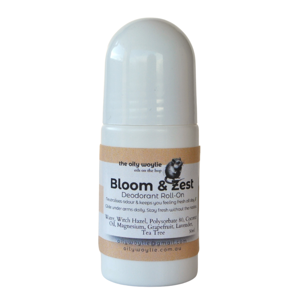Natural deodorant roll-on with a floral citrus scent.