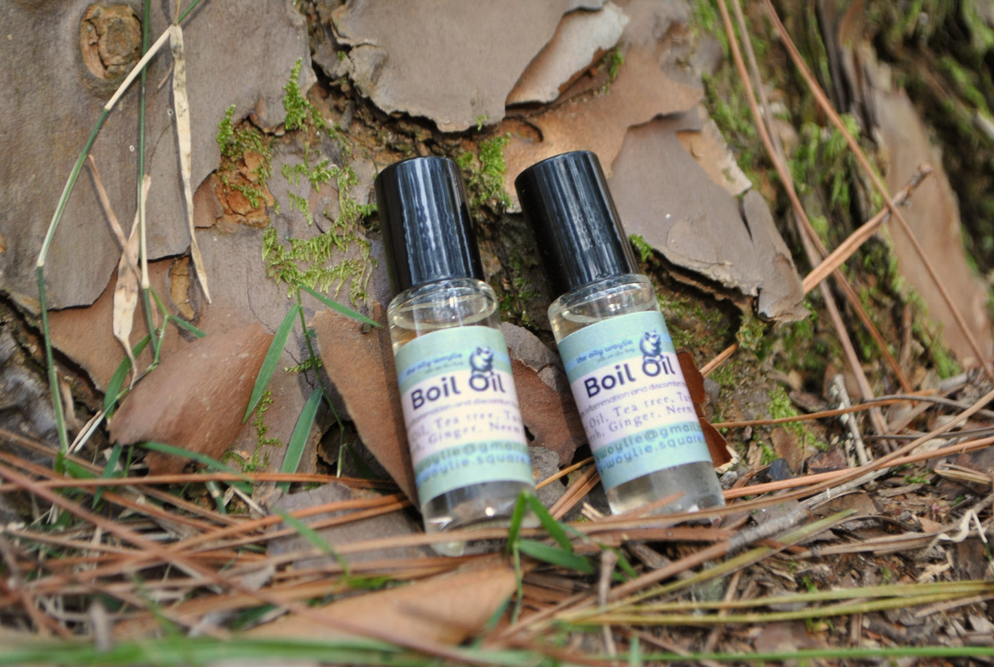 Boil Oil essential oil blend bottle, natural topical support for skin irritation on a natural background with leaves and twigs.