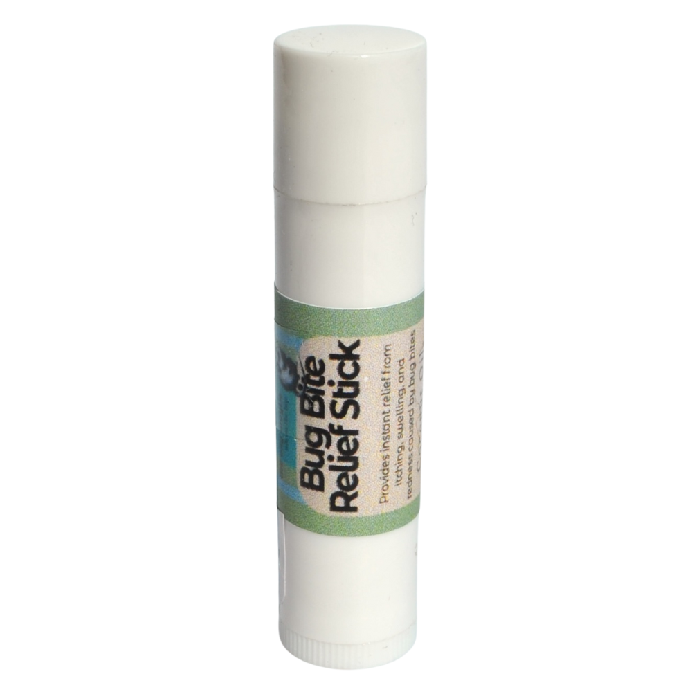 Small natural bug bite relief stick in a twist tube, designed to soothe itchy bites on a white background