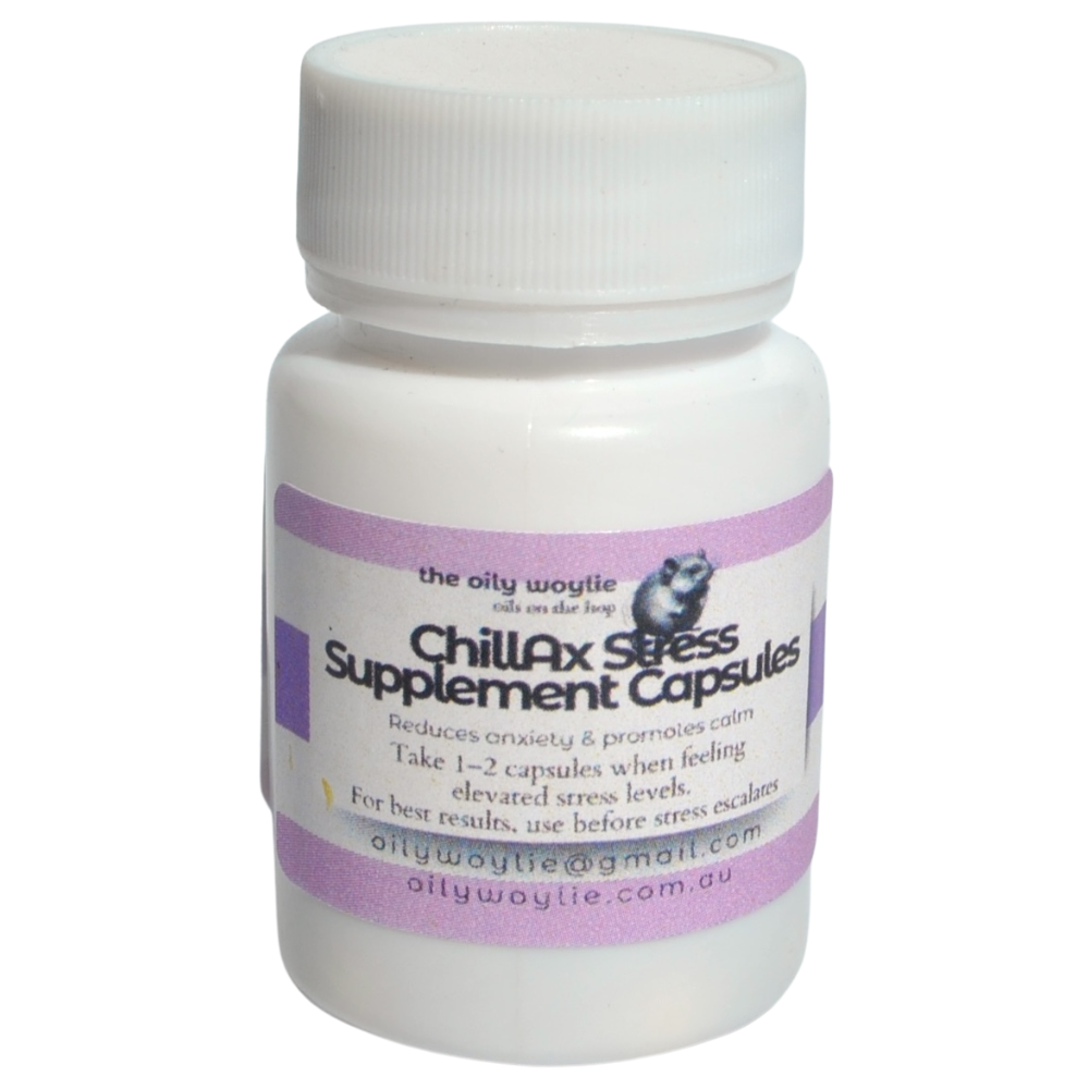 Bottle of ChillAX Stress Supplement Capsules by the oily woylie on a white background