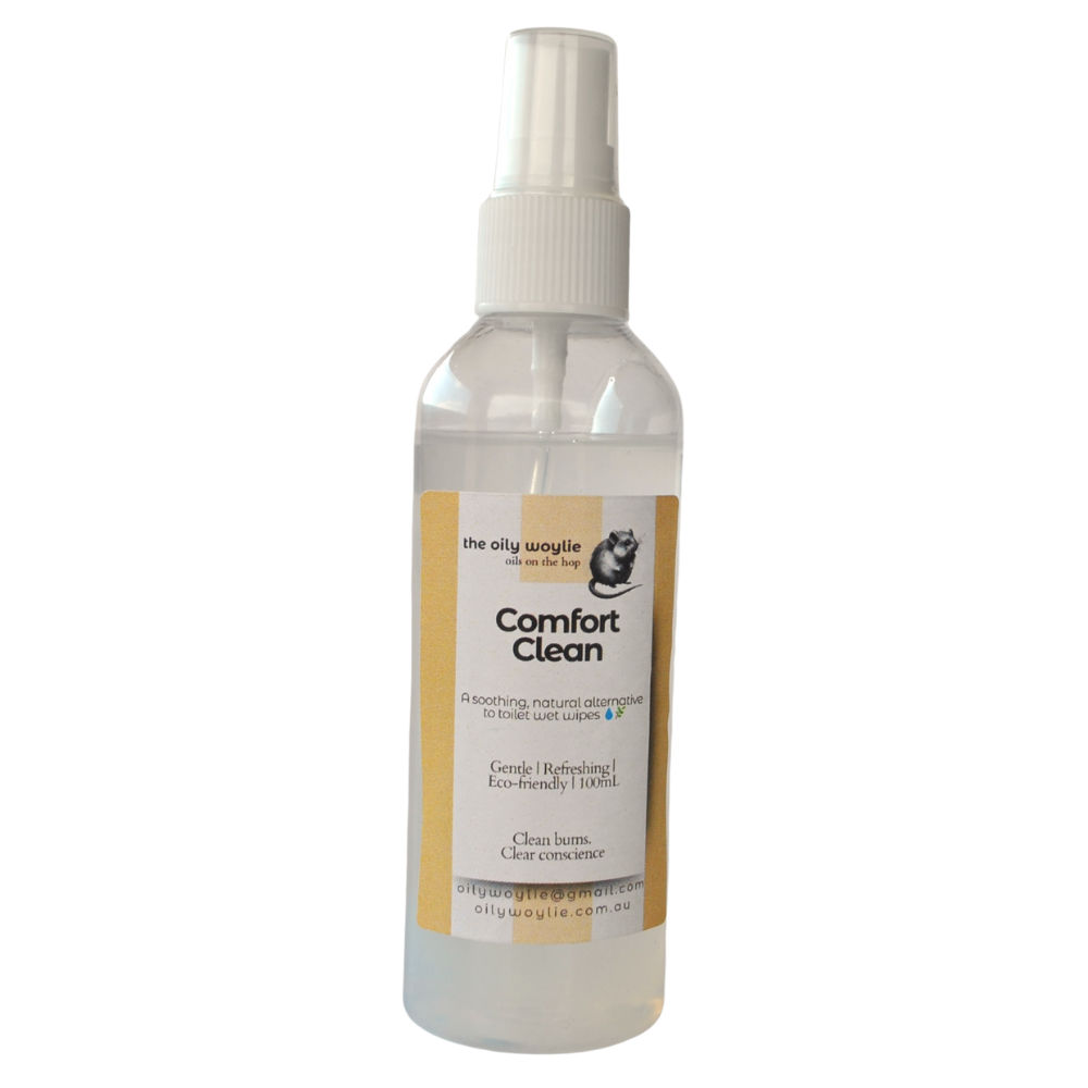 Natural cleansing spray designed to use on toilet paper as a gentle alternative to wet wipes.
