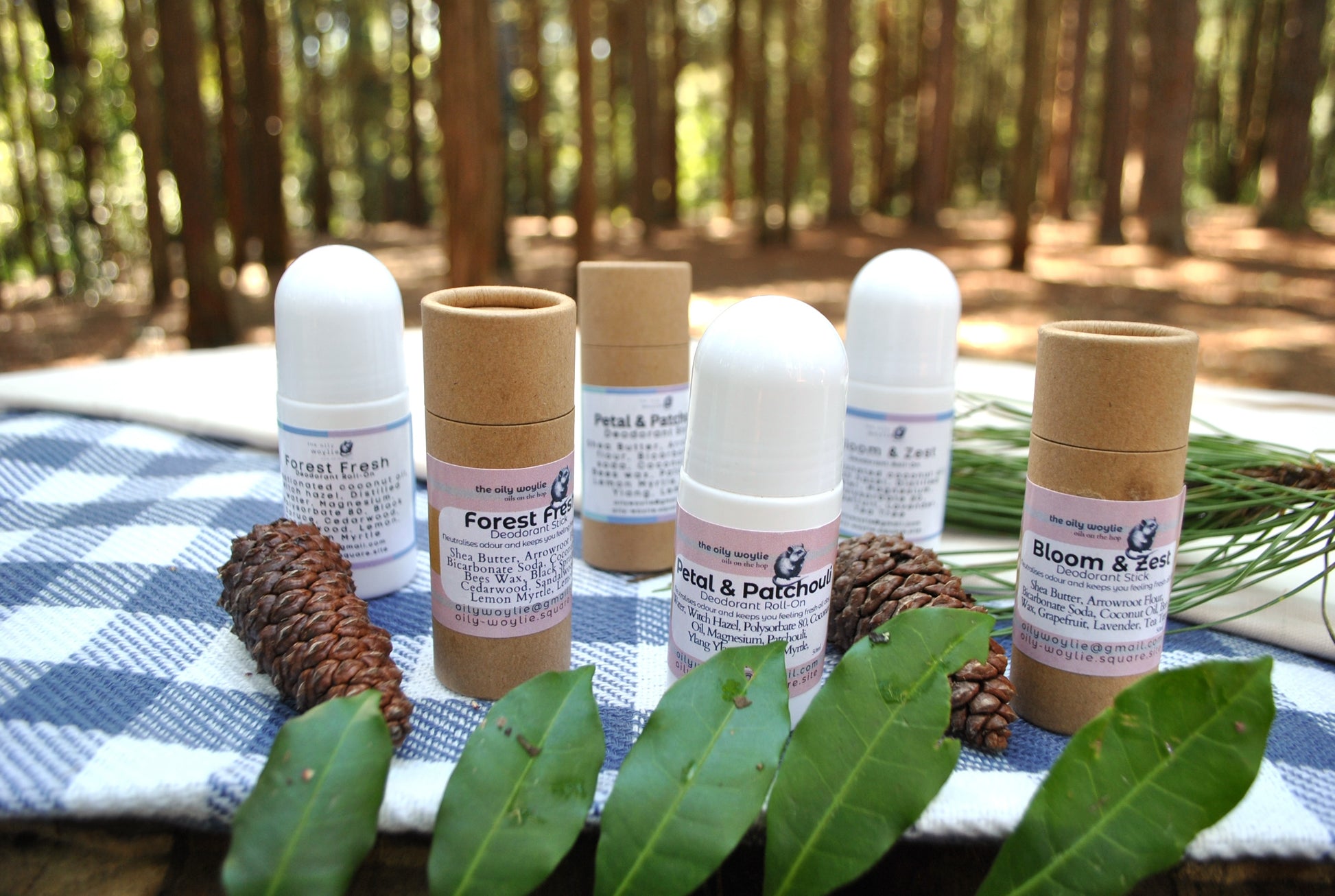 Natural deodorant family collection – Roll-On and Stick deodorants in Bloom & Zest, Forest Fresh, and Petal & Patchouli scents on a checkered cloth with a forest background