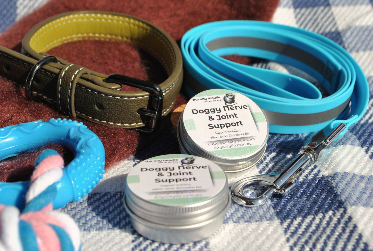 Doggy nerve and joint support balm by The Oily Woylie Dog accessories including a collar, leash, and chew toy on a checkered fabric background.