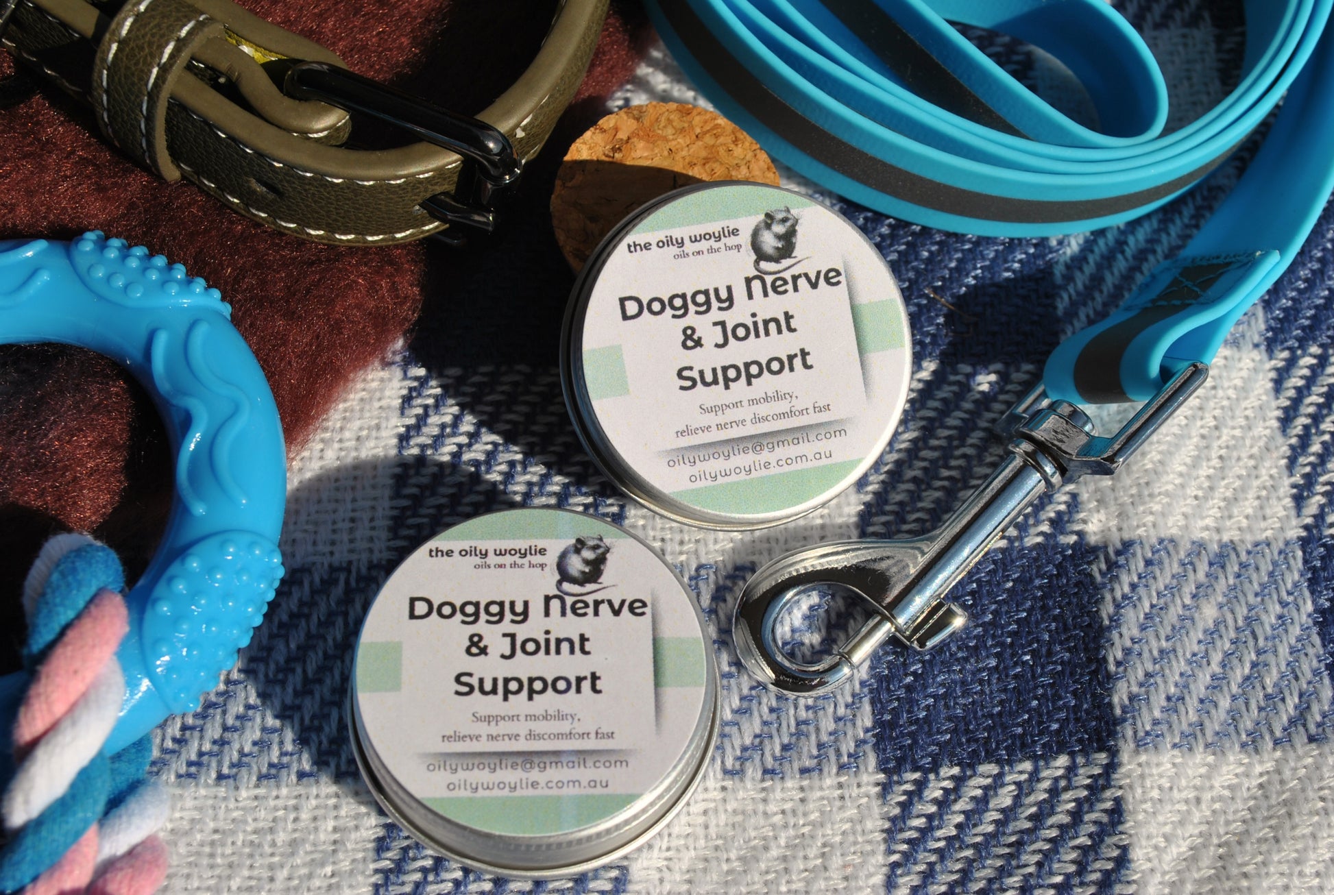 Two tins of 'Doggy Nerve & Joint Support' on a checkered fabric background with a blue leash and toy.