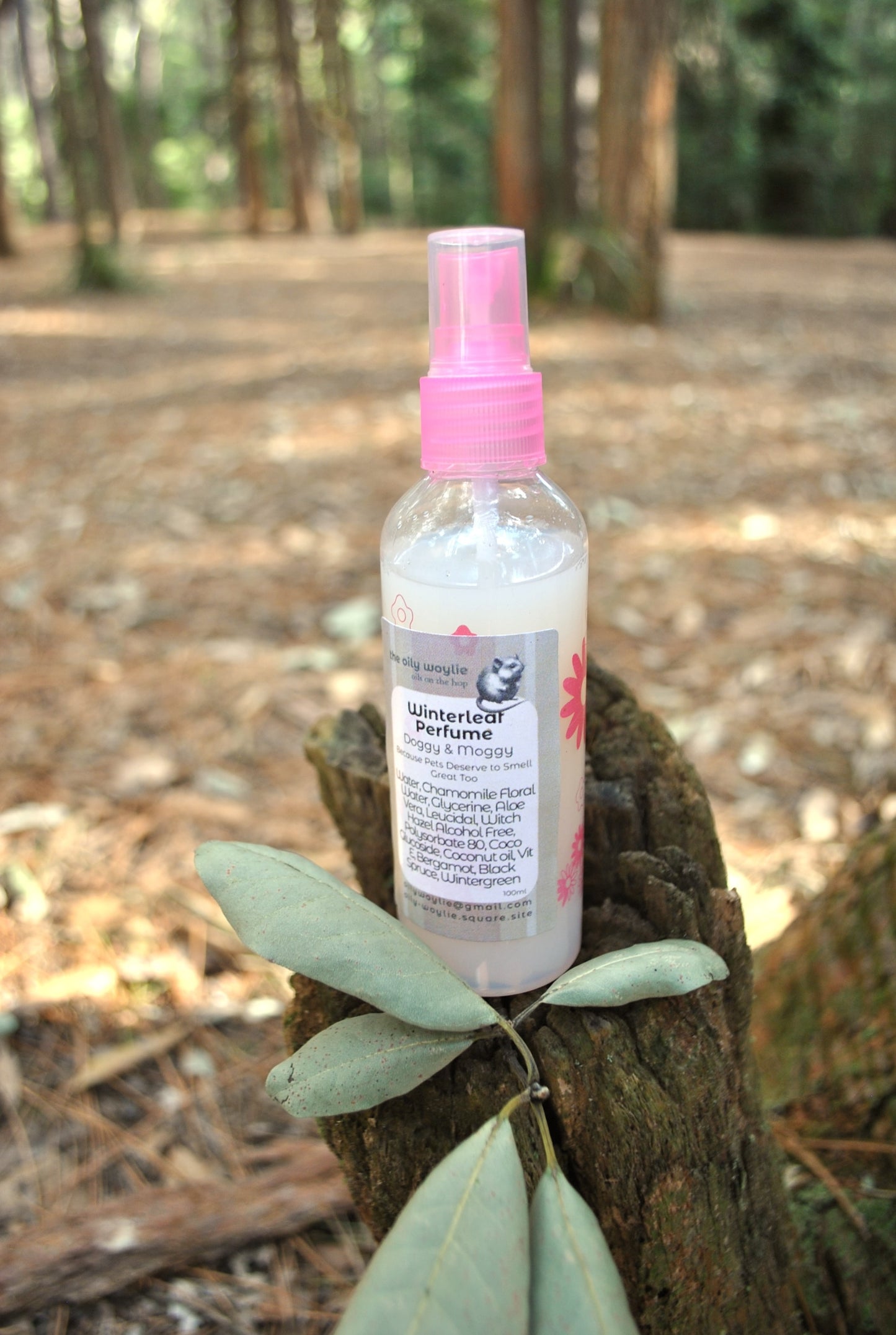 Doggy Perfume Winterleaf spray bottle, natural deodorising spray for dogs on a stump