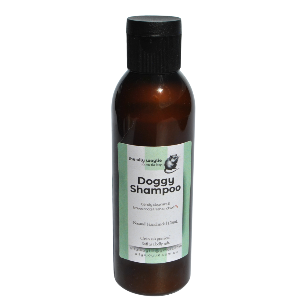 Bottle of natural dog shampoo formulated to cleanse and condition the coat.