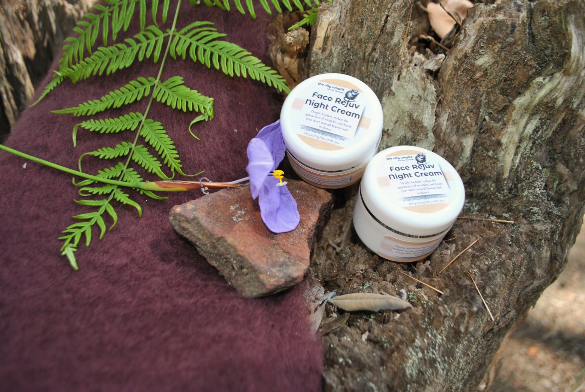 Two jars of Face Rejuv Night Cream resting on a rustic tree stump with fern leaves and a purple wildflower — soothing natural bush skincare by The Oily Woylie.