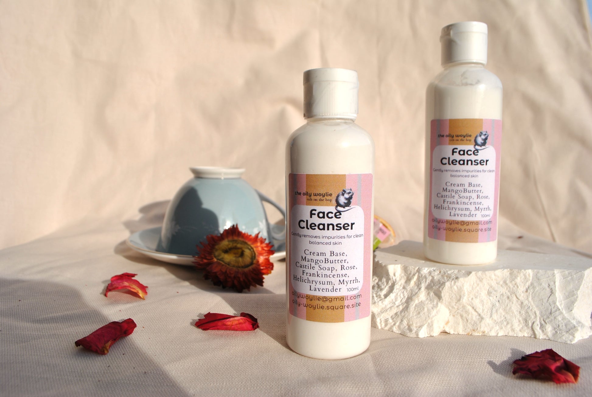 Face Toner bottle, natural facial toner for refreshed skin with floral decorations on a neutral background