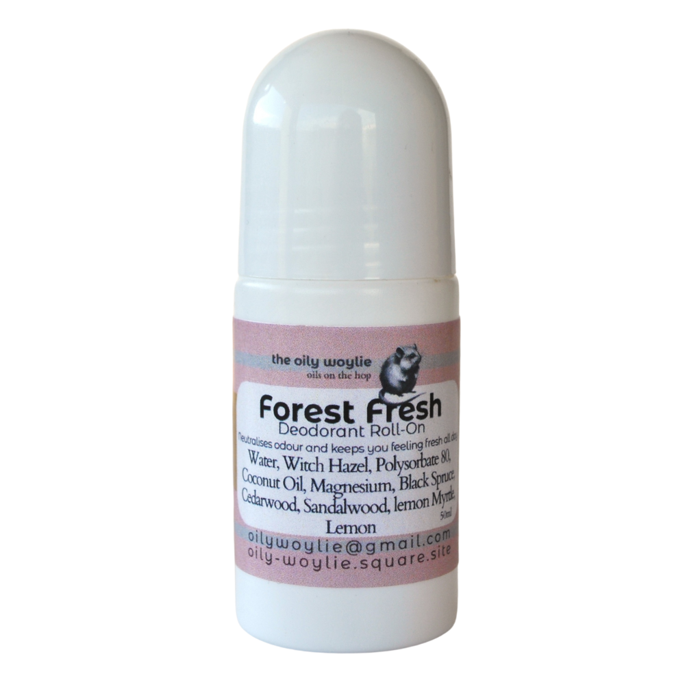 Natural deodorant with a fresh woodsy scent in a roll-on