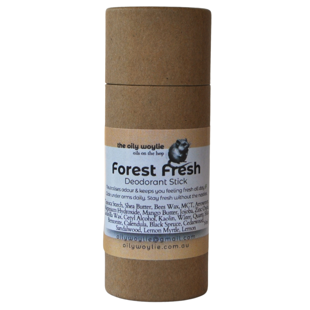 Natural deodorant with a fresh woodsy scent in a push-up tube.