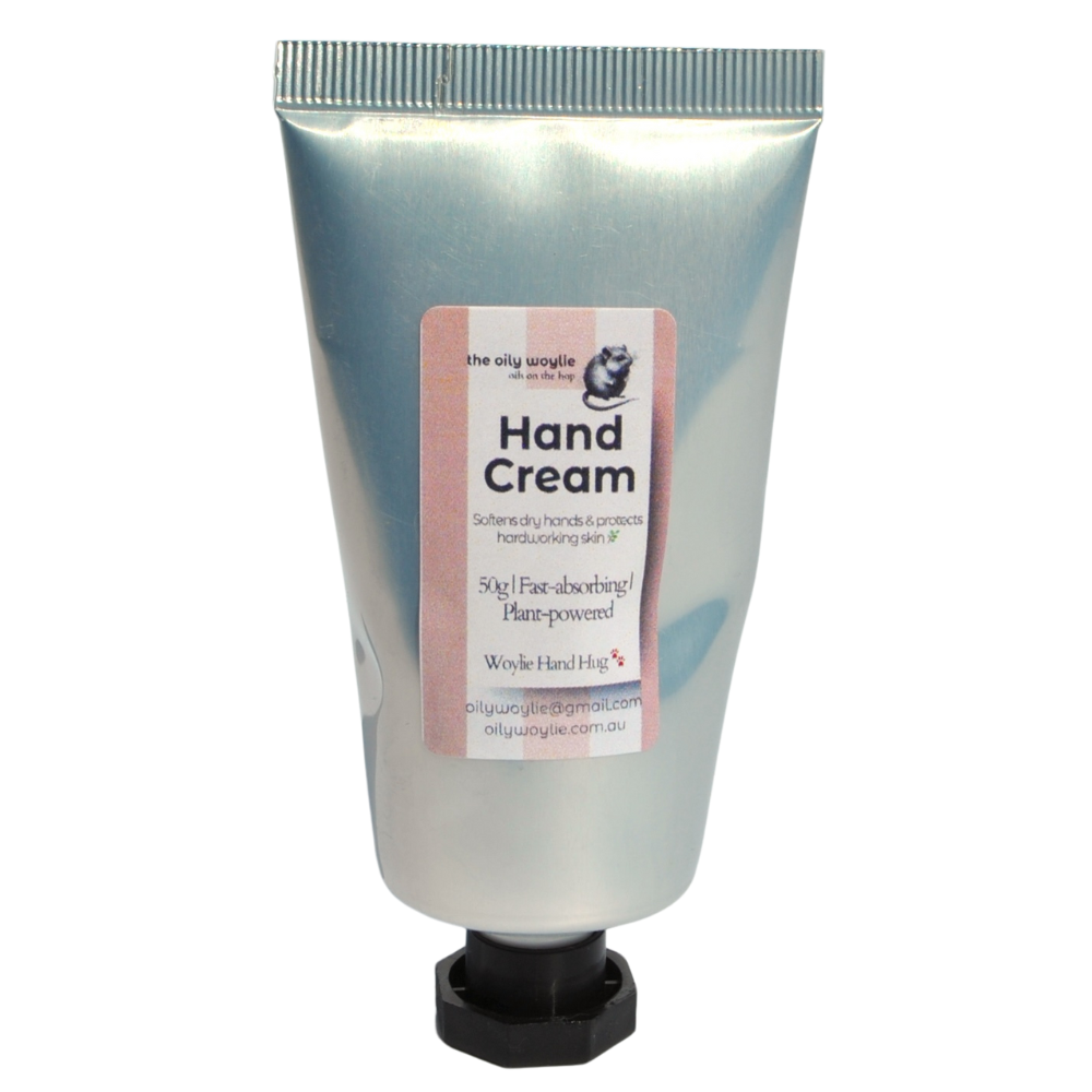 Hand cream tube with label on a white background. Moisturising hand cream being applied to nourish and soften dry hands.