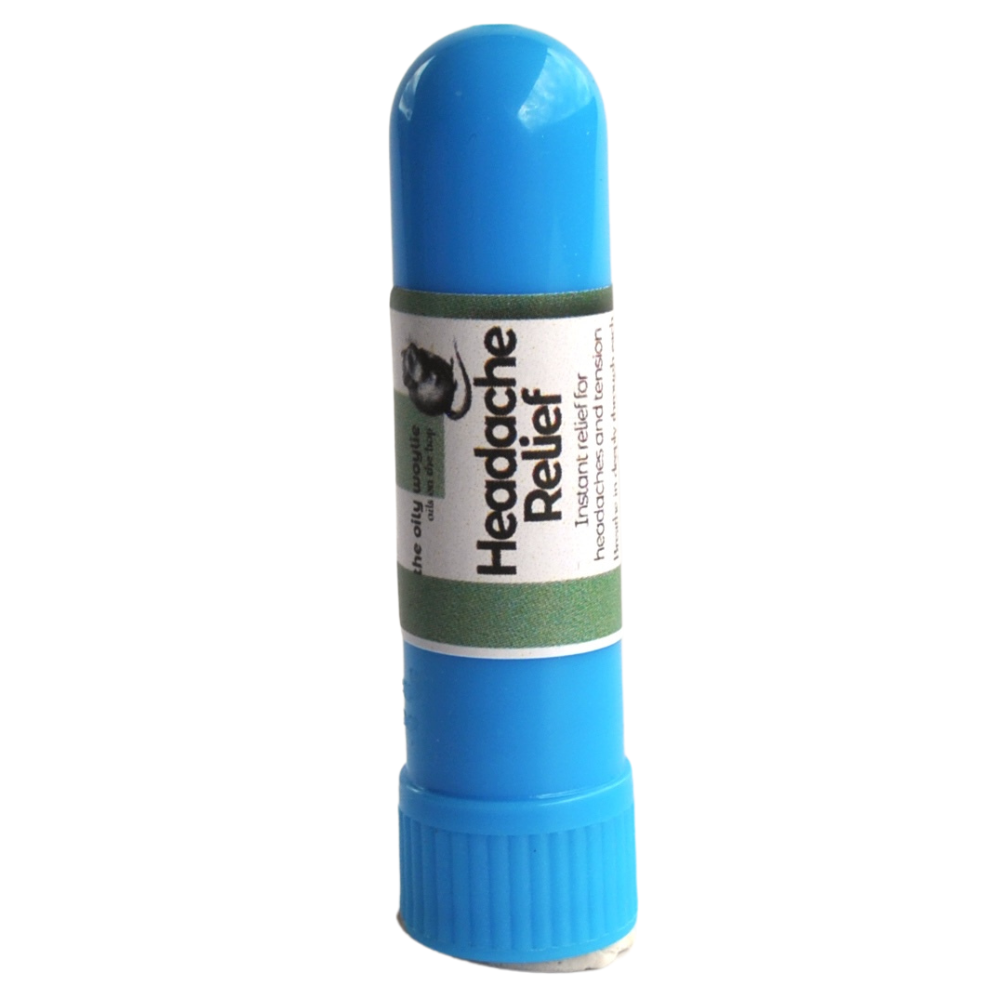 Blue cylindrical container - nasal inhaler - labeled 'Headache Relief' on a white background 