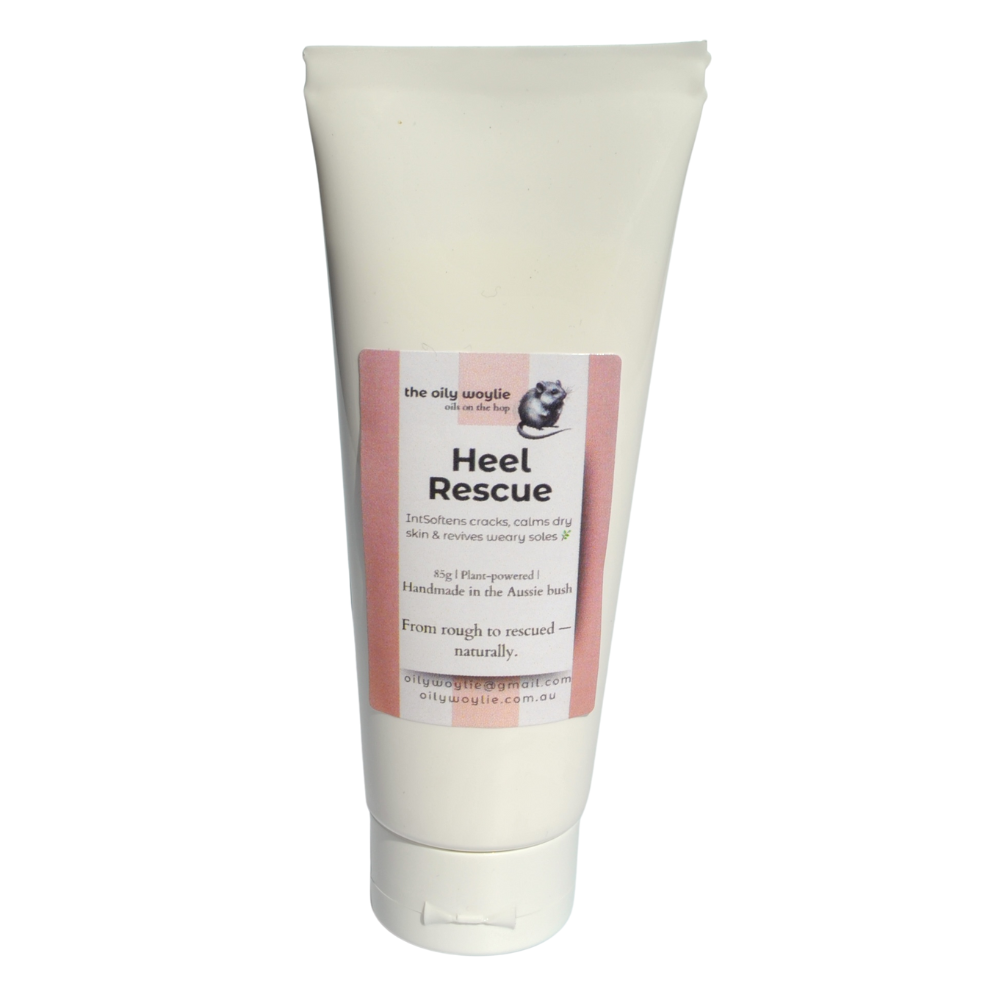 Tube of 'Heel Rescue' cream on a white background. Rich heel repair cream to restore cracked and rough heels.