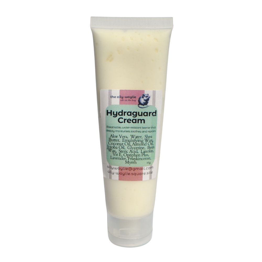 Tube of Hydraguard Cream on a white background. ydraguard barrier cream applied to protect and hydrate sensitive skin.