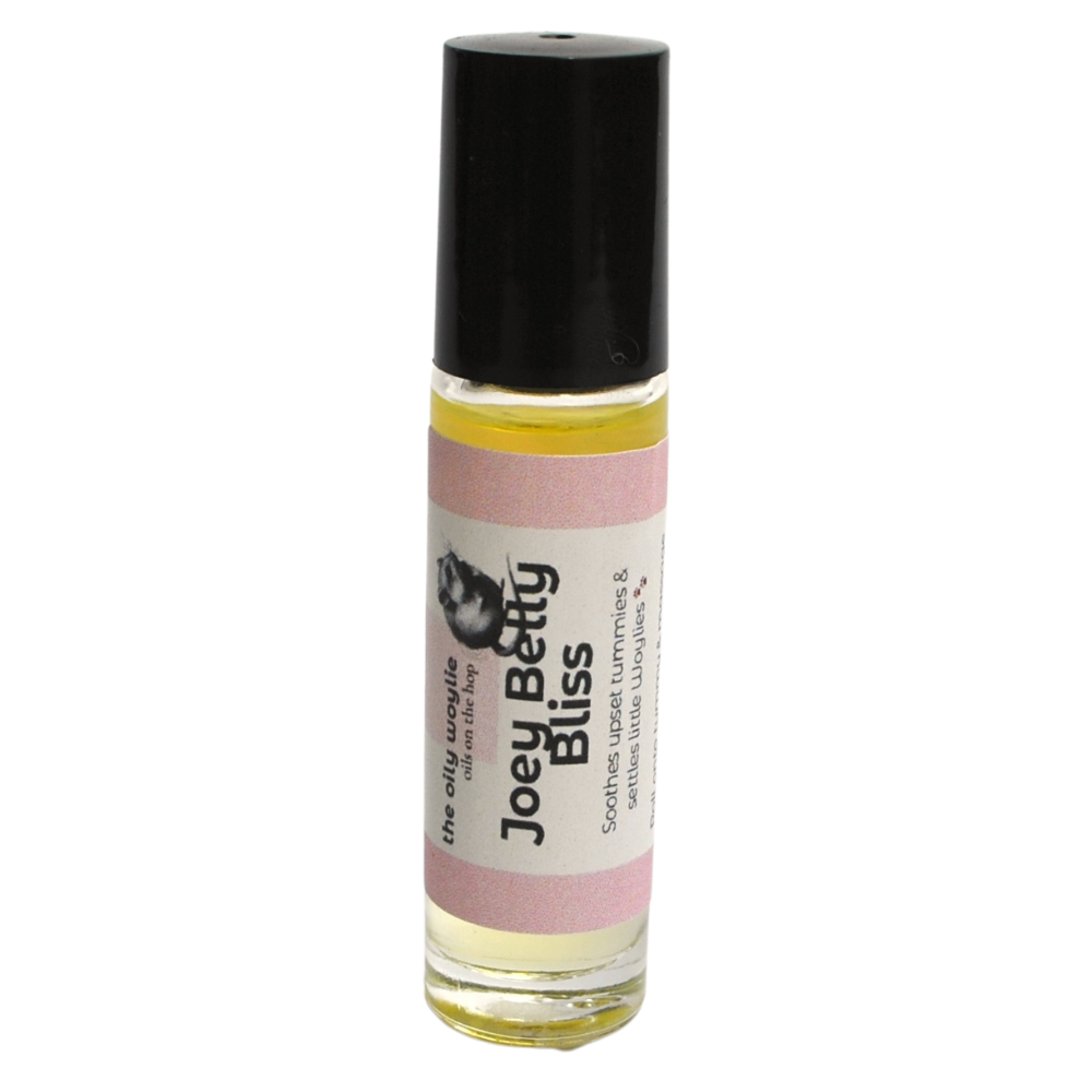 Joey Belly Bliss natural oil blend massaged on little bellies to calm upset stomachs.