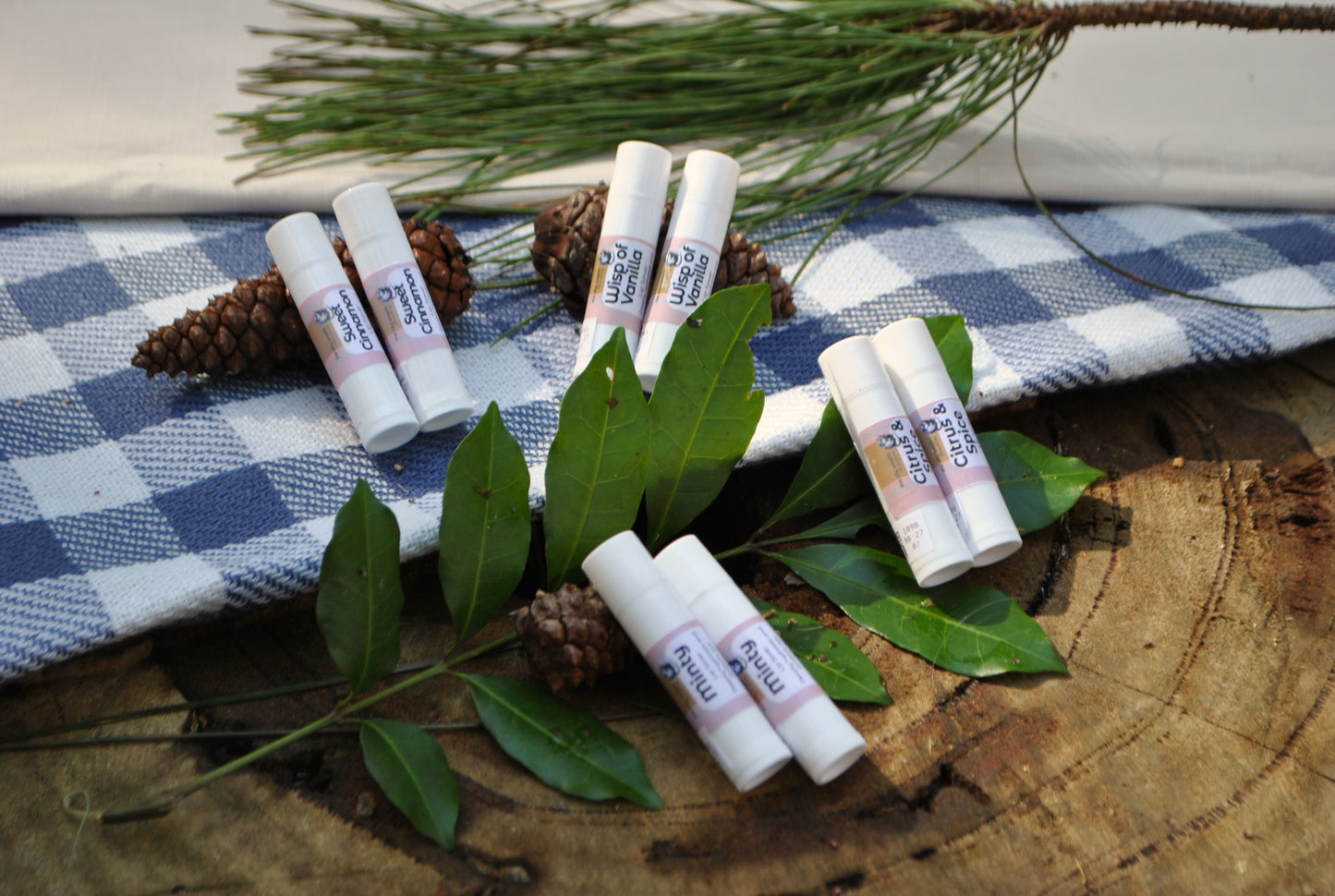 Lip Saver family collection – Citrus & Spice, Minty, Sweet Cinnamon, and Wisp of Vanilla natural lip balms on a checkered cloth with leaves and pine cones