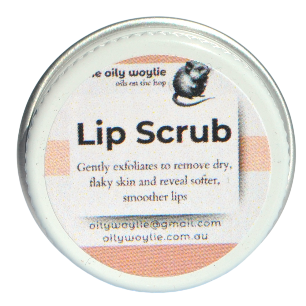 Lip scrub container with label on a white background. Small jar of exfoliating lip scrub with natural oils and fine sugar crystals.
