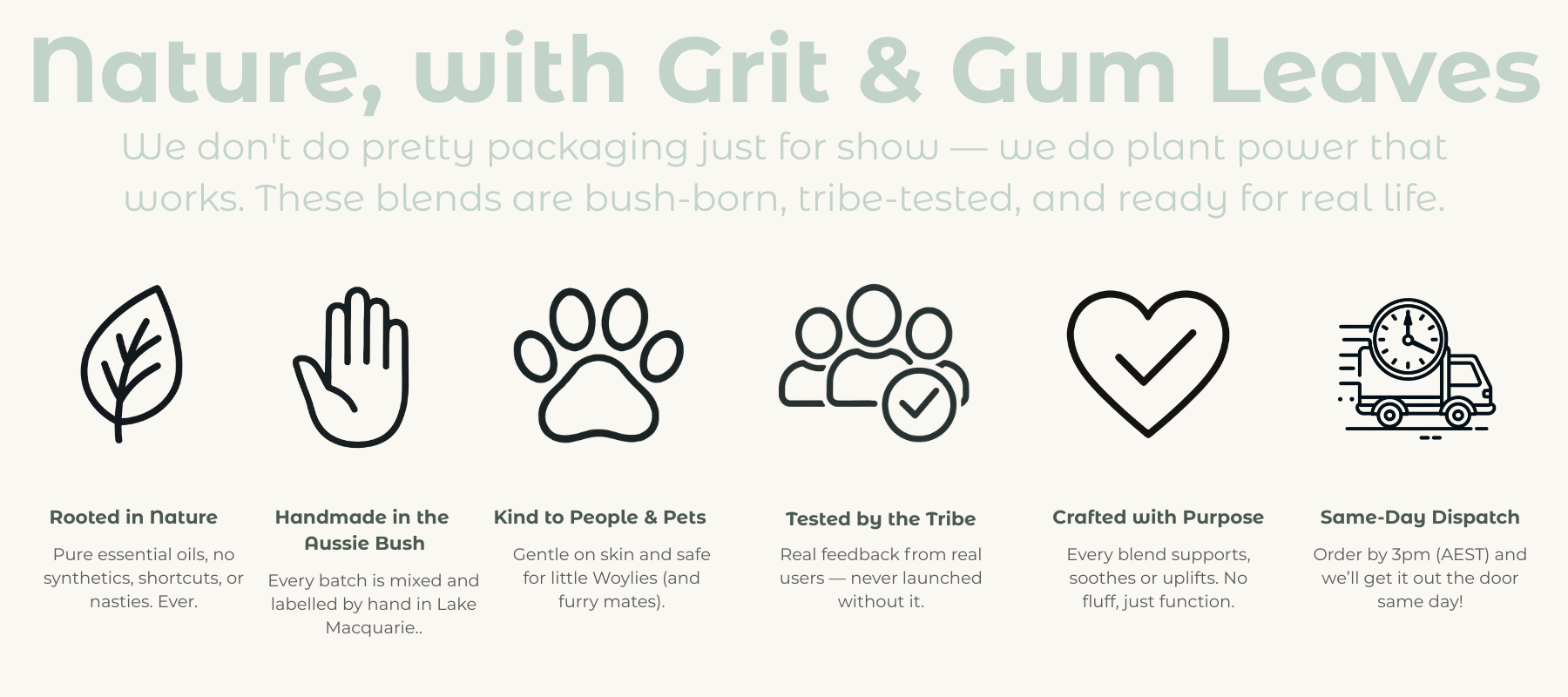 Trust badges The Oily Woylie brand values graphic titled ‘Nature, with Grit & Gum Leaves’ with six icons and text: Rooted in Nature, Handmade in the Aussie Bush, Kind to People & Pets, Tested by the Tribe, Crafted with Purpose, Same-Day Dispatch