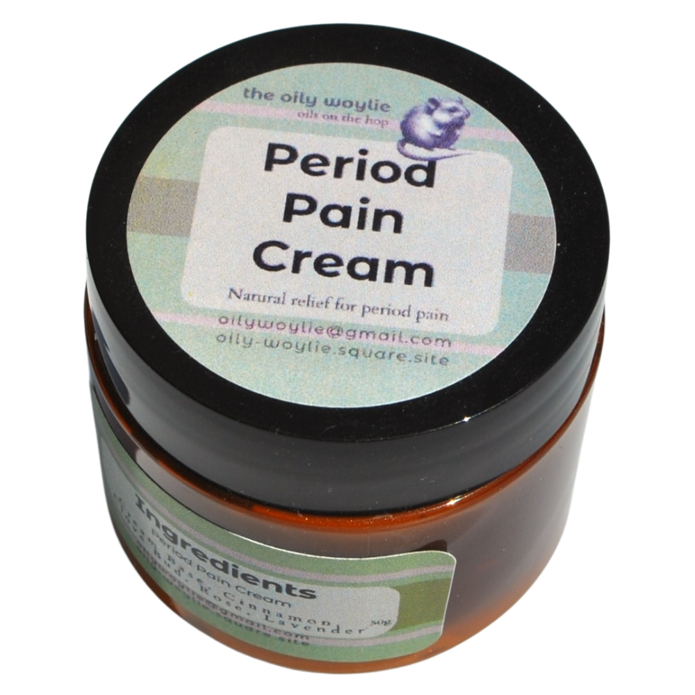 Jar of 'Period Pain Cream' with a label on a white background