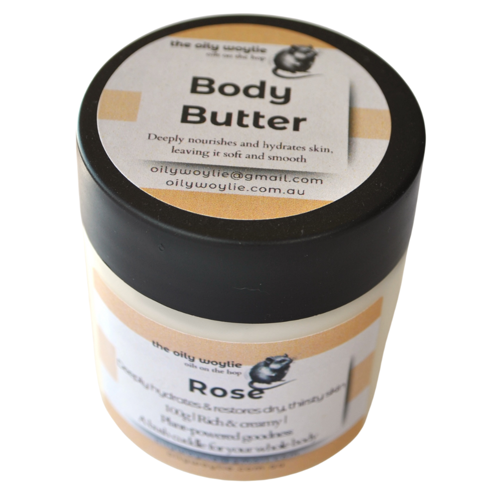 Jar of rose-scented body butter for softening and nourishing skin.